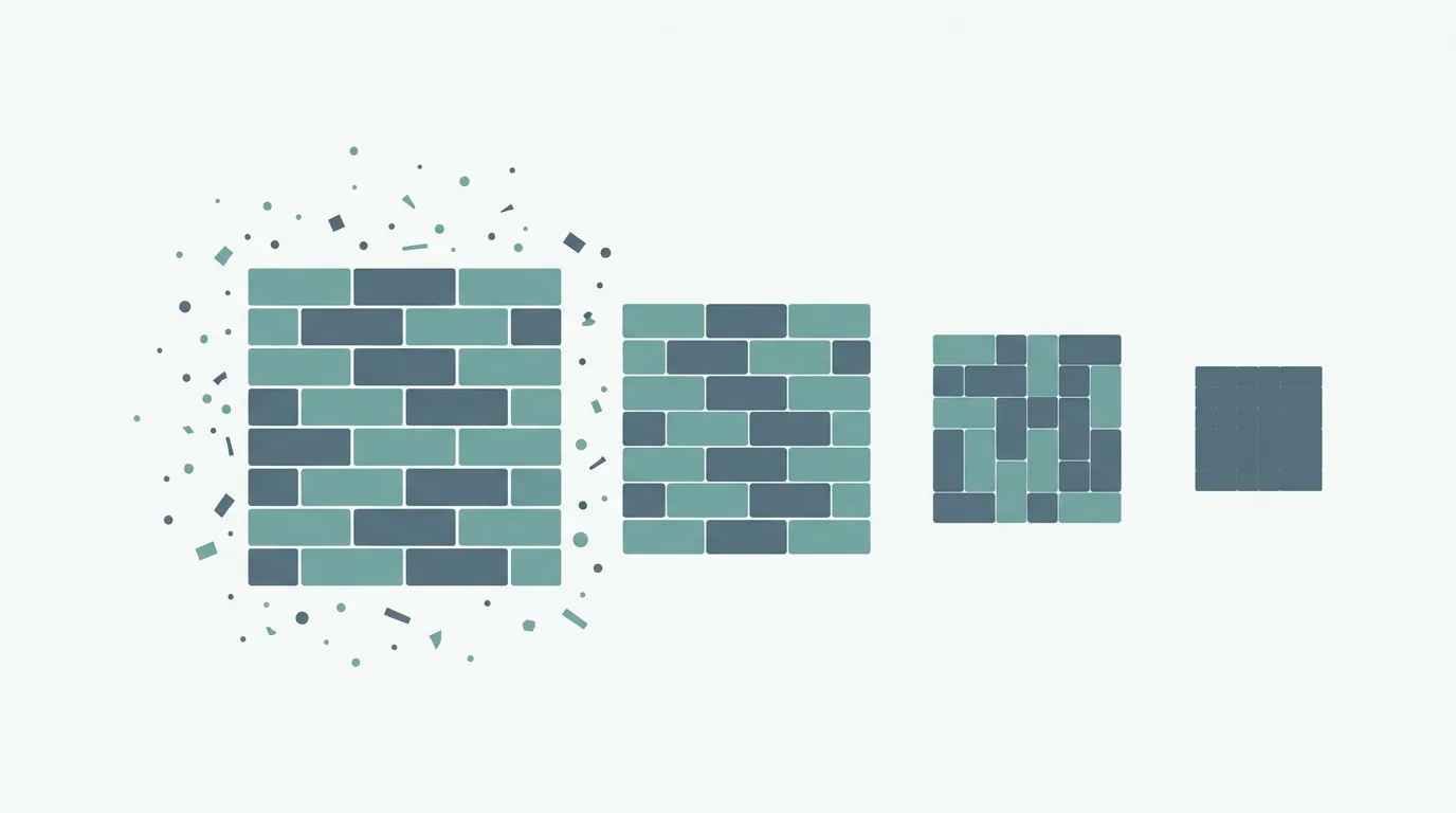 Abstract illustration of a large block being reshaped into progressively tighter smaller blocks, each step leaving less empty space around the core