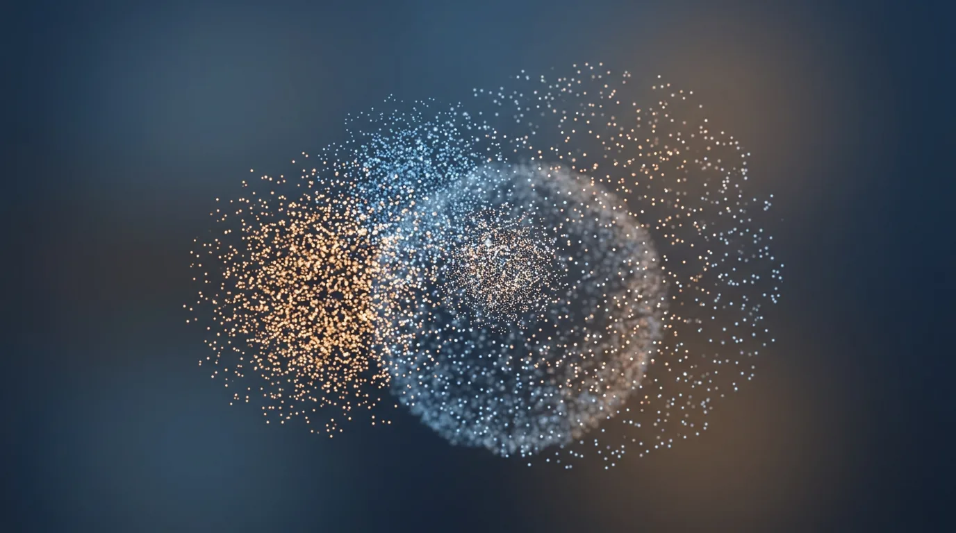 Abstract illustration of clouds of small luminous points overlapping in one shared space, with dense clusters drawn close together