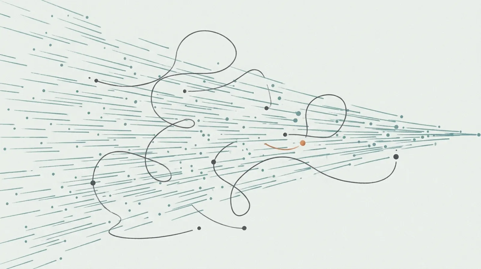 Many short straight strokes converging on a single point while a few long meandering lines wander and stop short of it