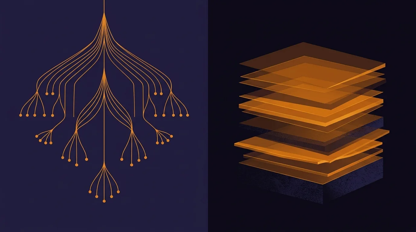 A branching tree structure beside a stack of layered planes, representing B-tree and LSM-tree storage layouts.