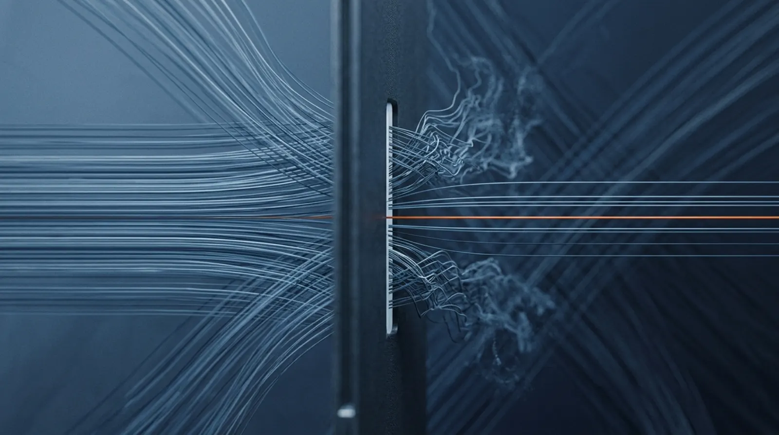 Parallel currents forced through a narrow slotted barrier, some strands passing cleanly and others deflecting away and fraying
