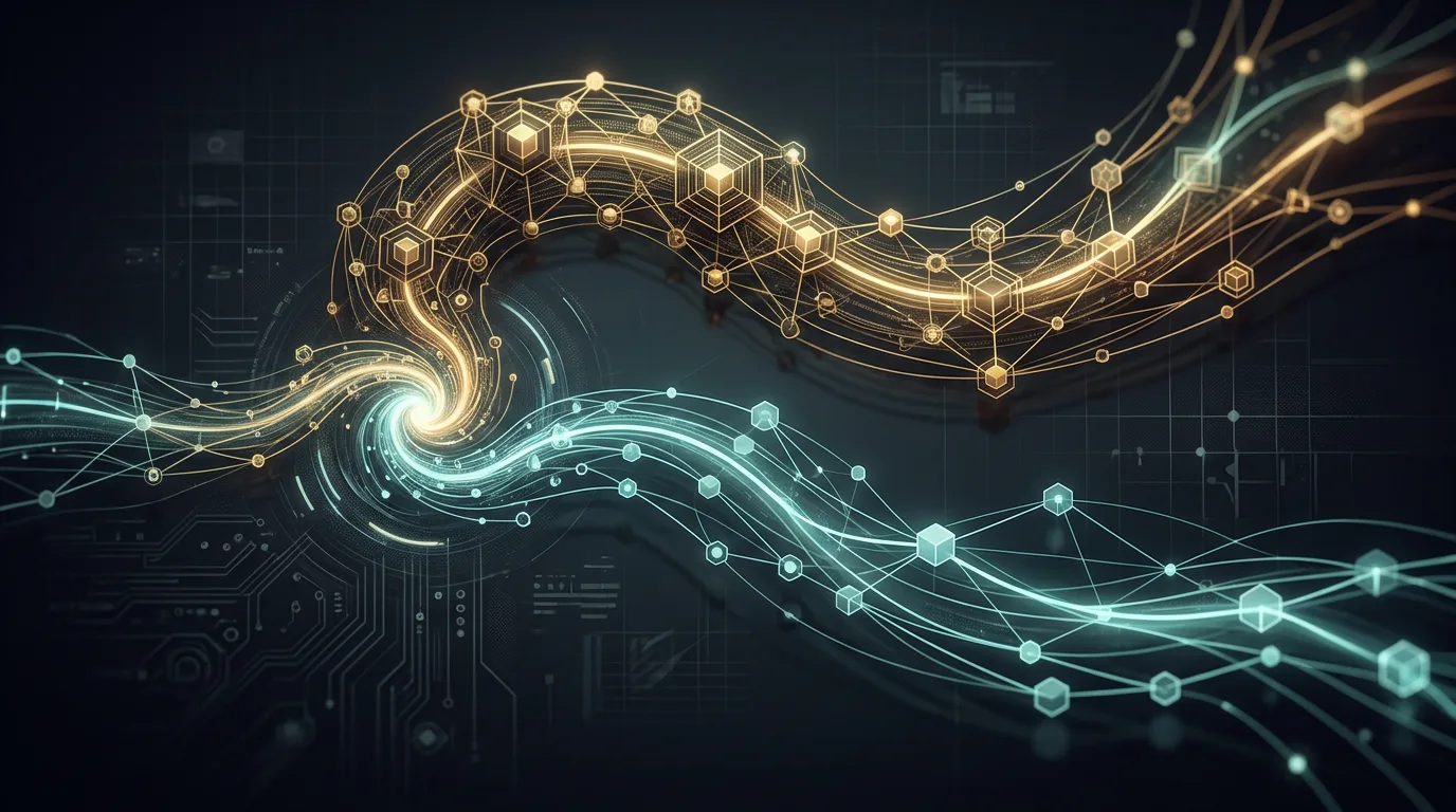 Two divergent abstract pathways representing open and closed AI model economics