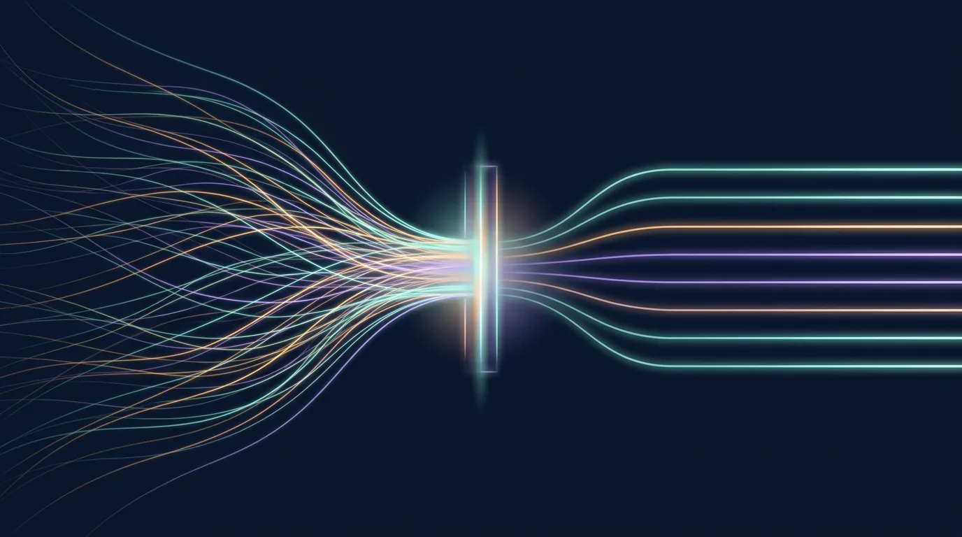 Abstract illustration of several thin streams of light merging into one narrow gate and leaving it as four ordered lanes