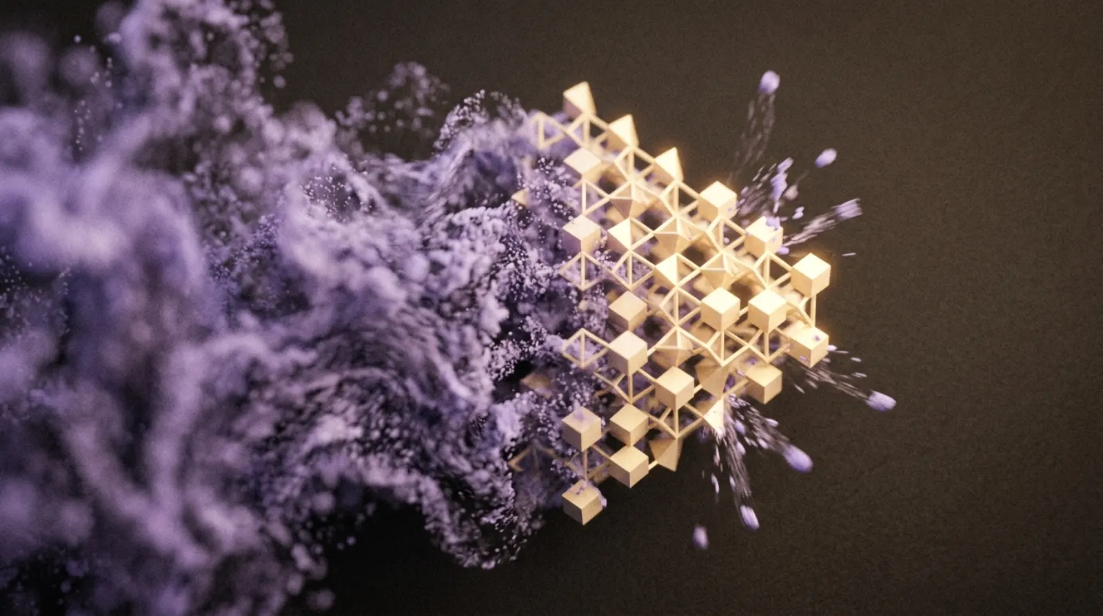 A turbulent violet particle cloud condensing into a rigid gold lattice, with stray particles glancing off its edge