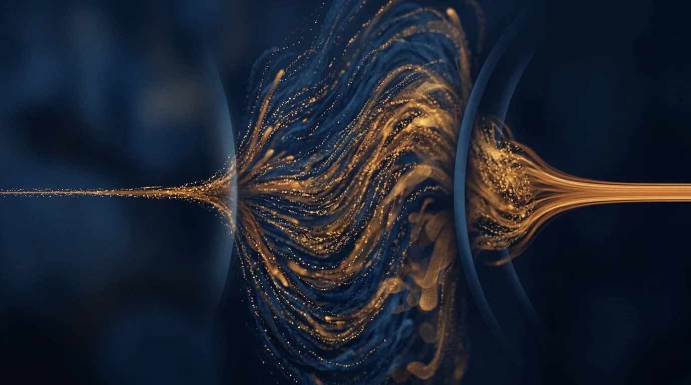 Abstract illustration of a thin stream of particles fanning out into a dense cascade, then narrowed again by a gate